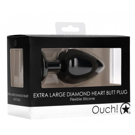 Черная анальная пробка с прозрачным стразом Extra Large Diamond Heart Butt Plug - 9,5 см.