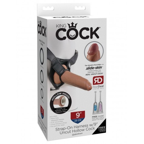 Кофейный поясной страпон Strap-On Harness with 9" Uncut Hollow Cock - 25,4 см.